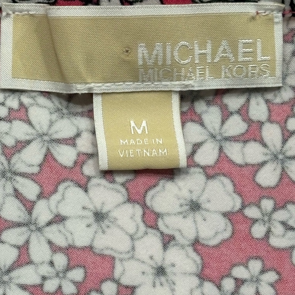 🌸 MICHAEL KORS Rose Pink Floral Mini Dress | Puff Sleeve V-Neck | Size M - Picture 12 of 13
